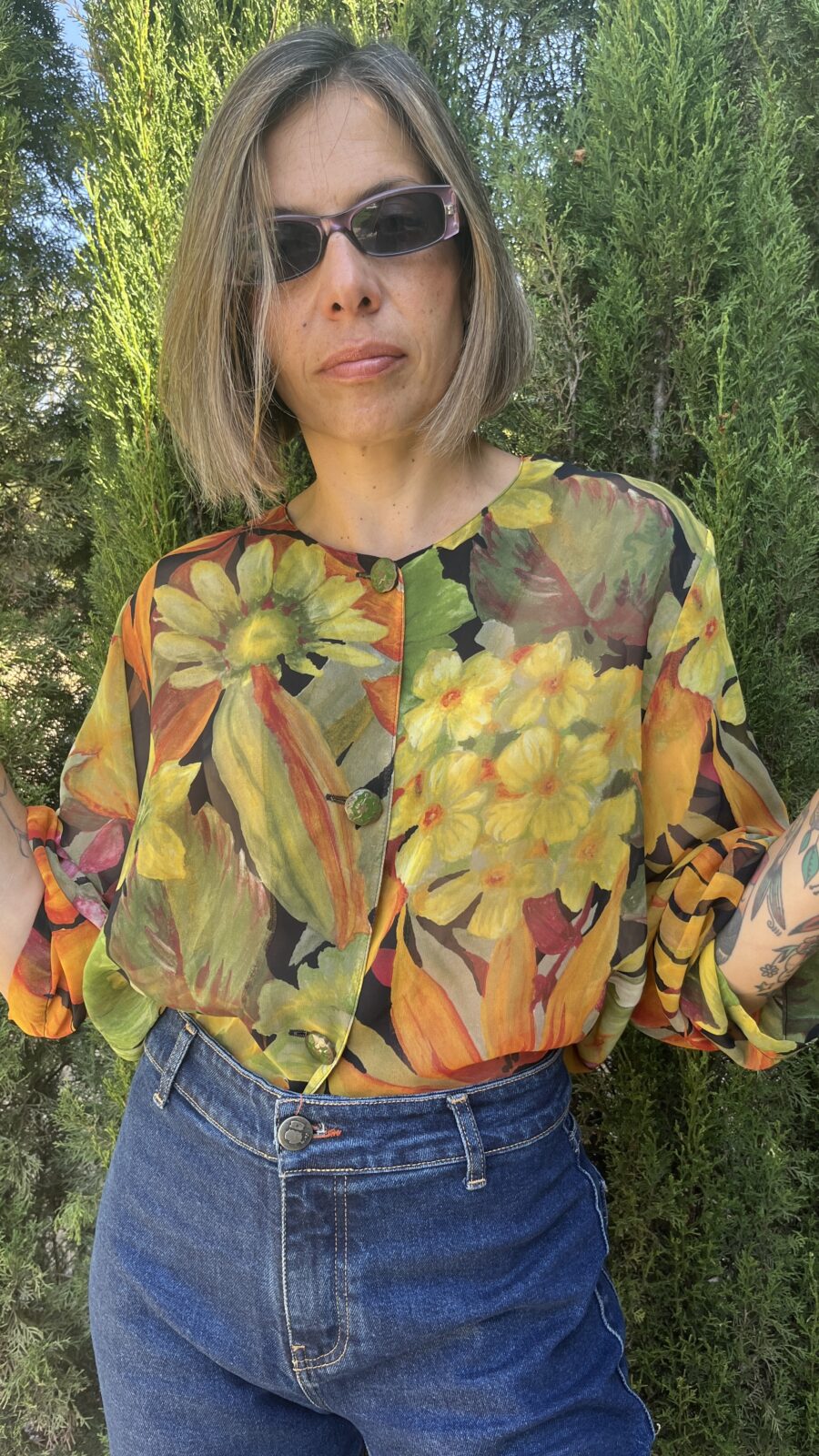 Blusa vintage de gasa con estampado botánico acuarela años 90 - Imagen 7