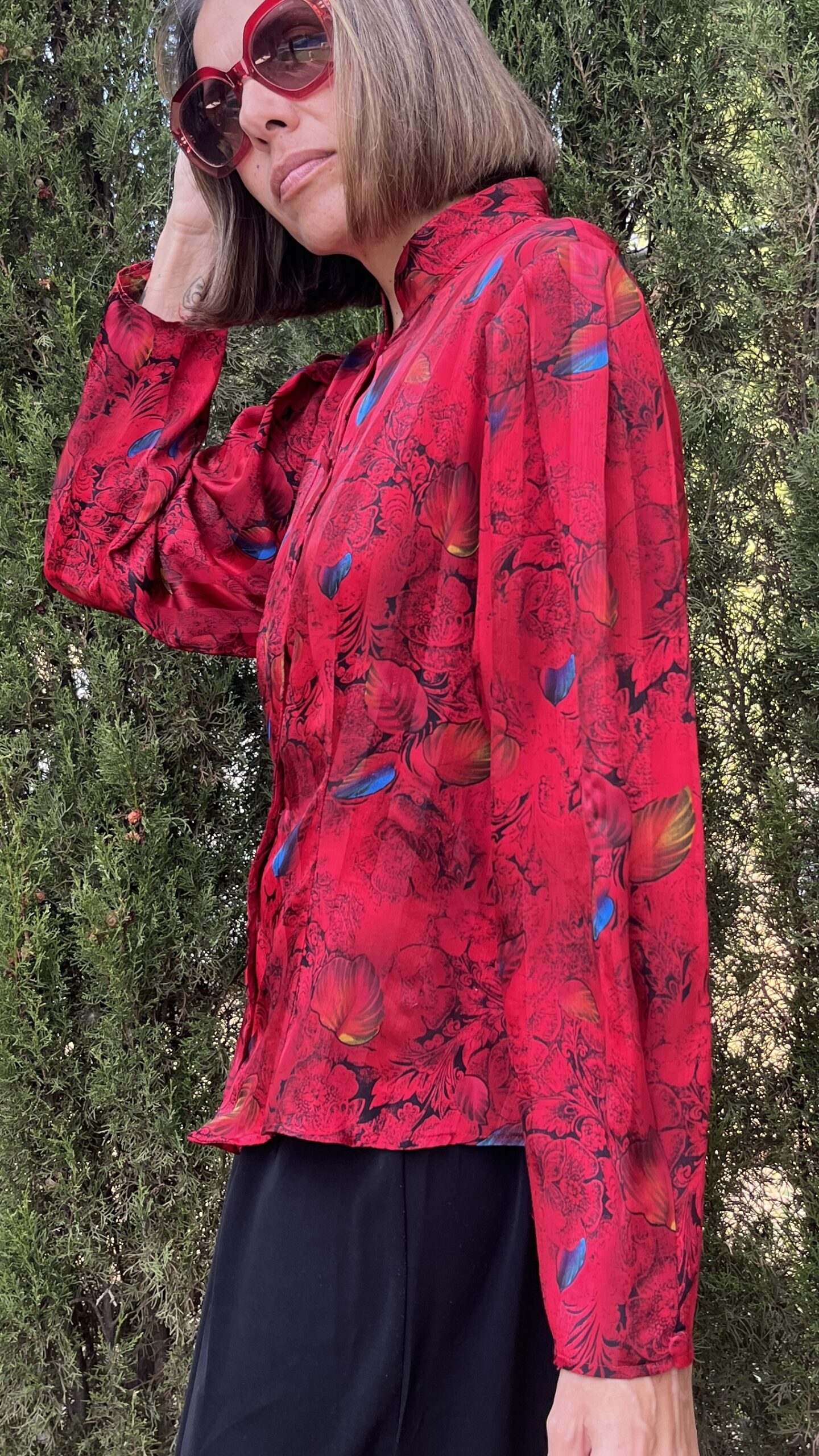 Camisa vintage 80s roja con cuello mao - Imagen 7