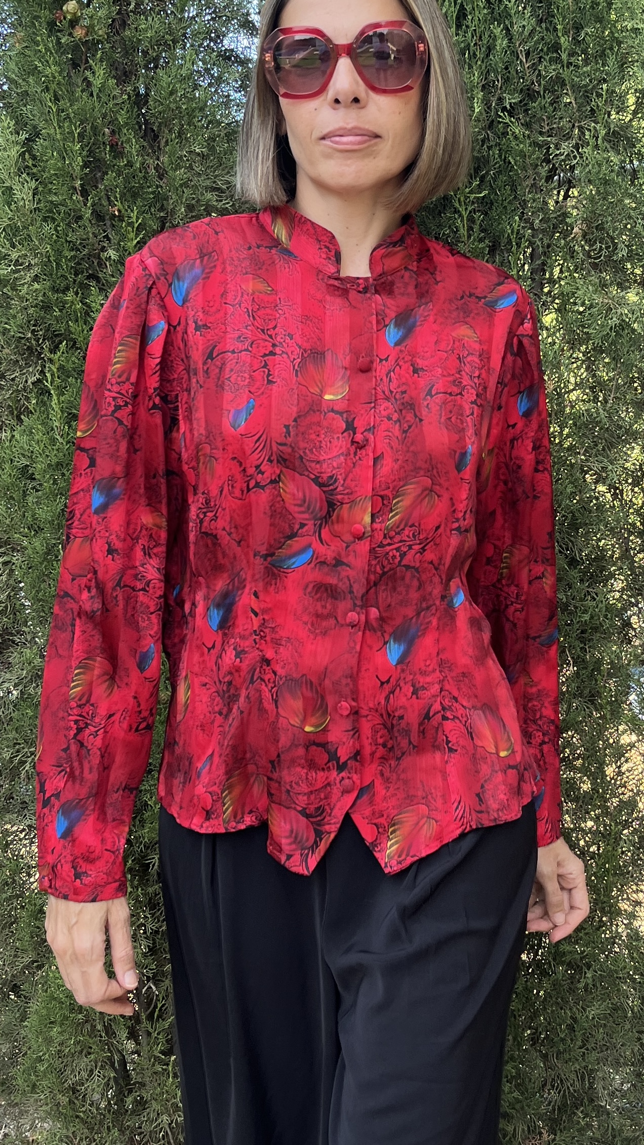 Camisa vintage 80s roja con cuello mao - Imagen 3