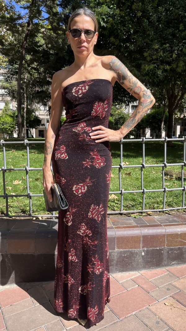 Vestido largo palabra de honor en punto elástico con lúrex años 90