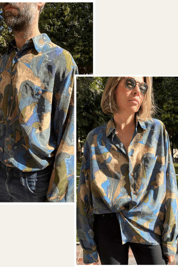 Camisa vintage unisex oversize con estampado abstracto en azules y caquis años 80
