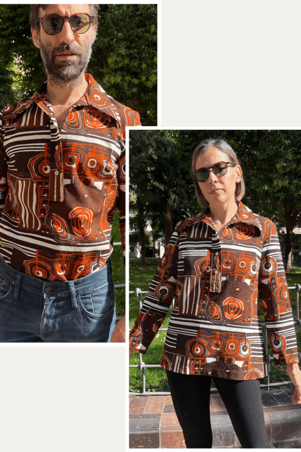 Blusa/polo vintage 70s en Trevira® con estampado geométrico naranja y chocolate