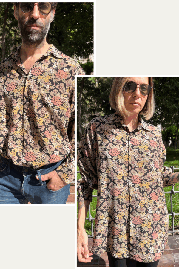 Camisa vintage unisex italiana con motivo floral tejido sobre fondo negro (años 80–90)