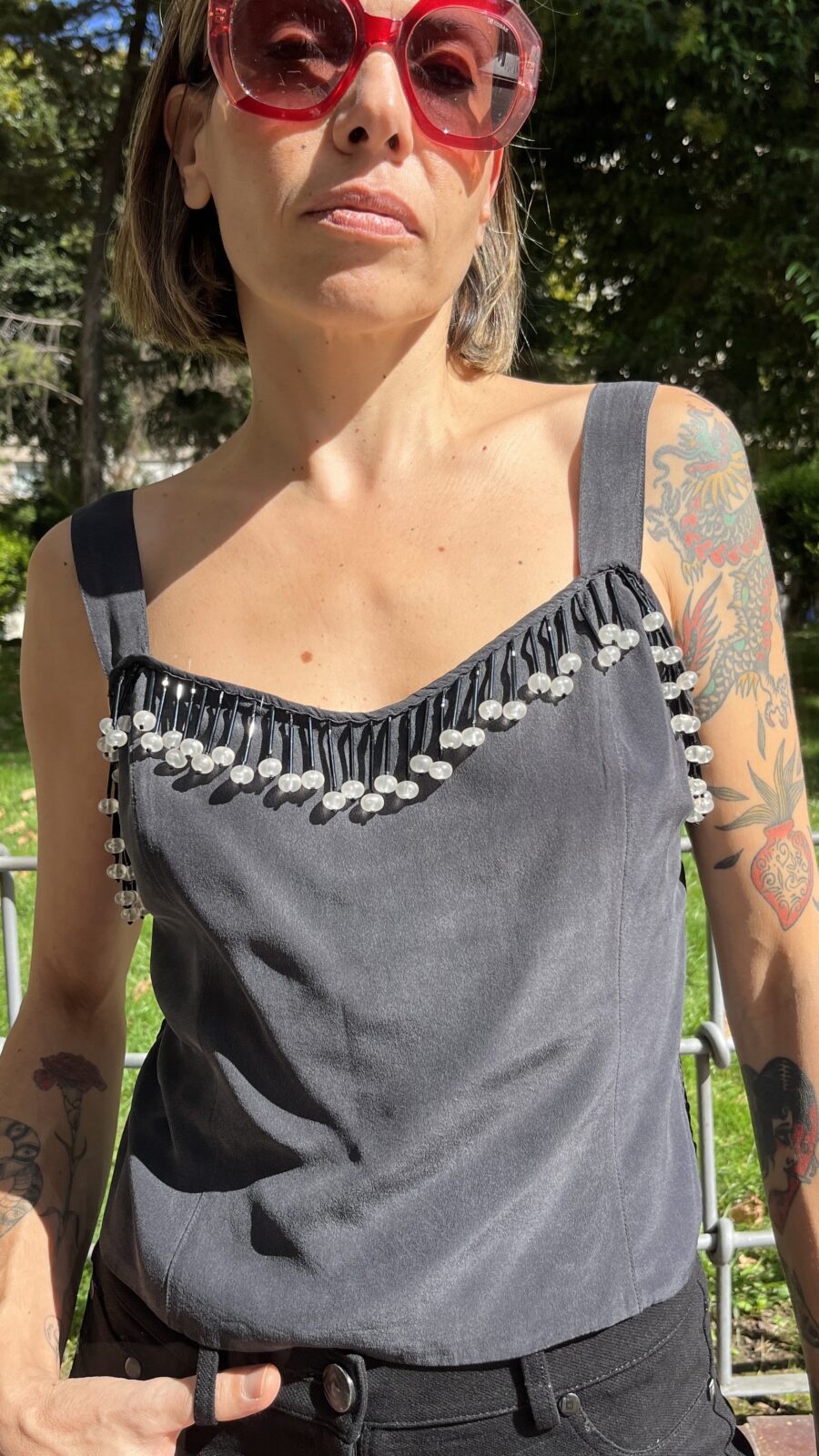 Top vintage de modista con fleco de cuentas y espalda nido de abeja años 90